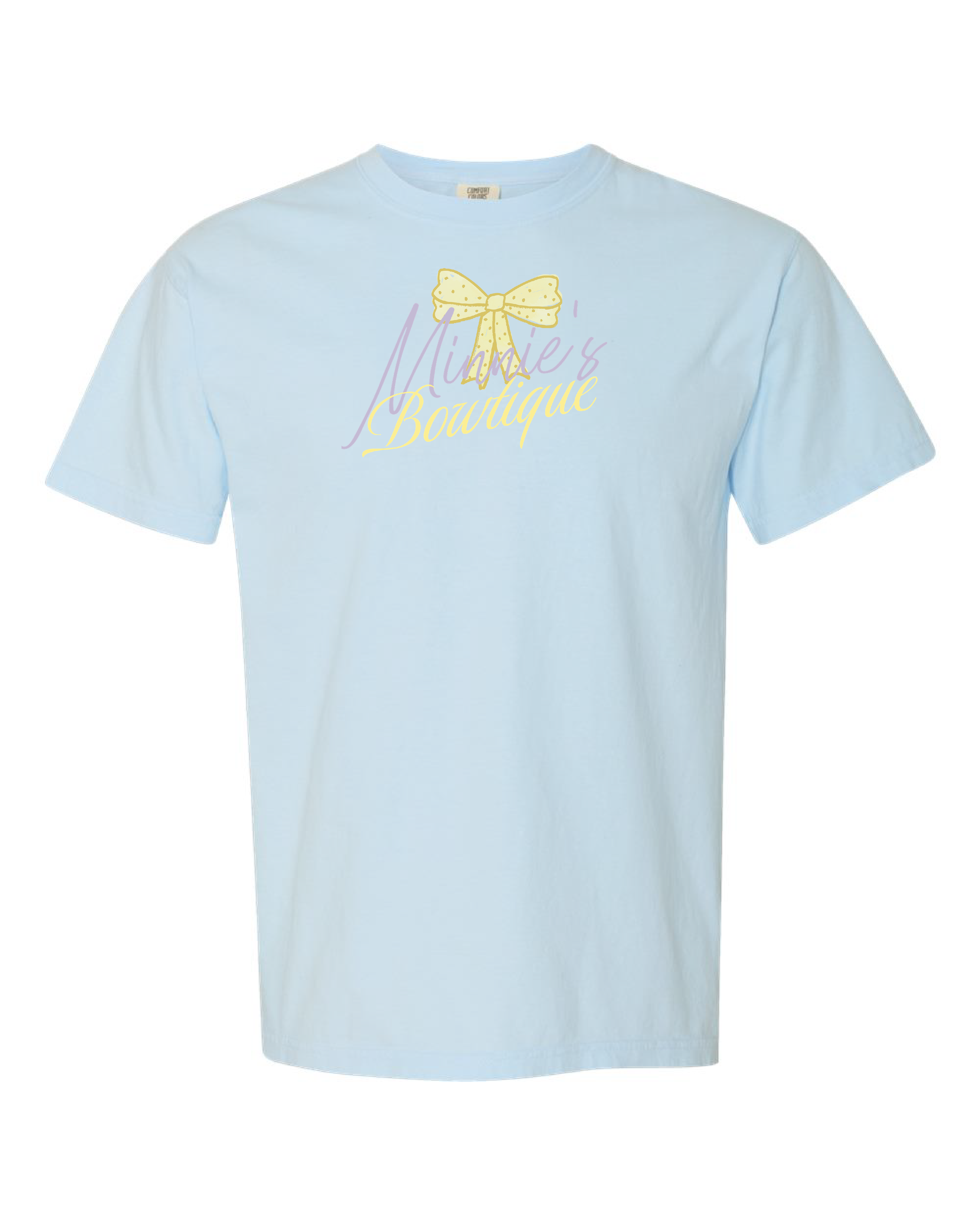 Light blue shirt with yellow polka dot bow and 'Minnie's Boutique' text on front